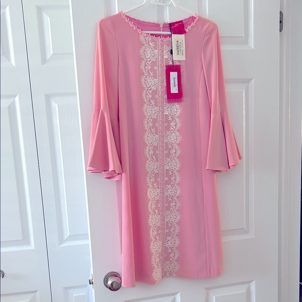 NWT Blumarine x Salvatore Piccione RTW Pink Bell Sleeve Dress with Lace Detail